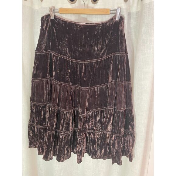 La Boutique Brown Crushed Velvet Tiered Skirt Size 14 Midi Boho Gothic Steampunk - Picture 1 of 6